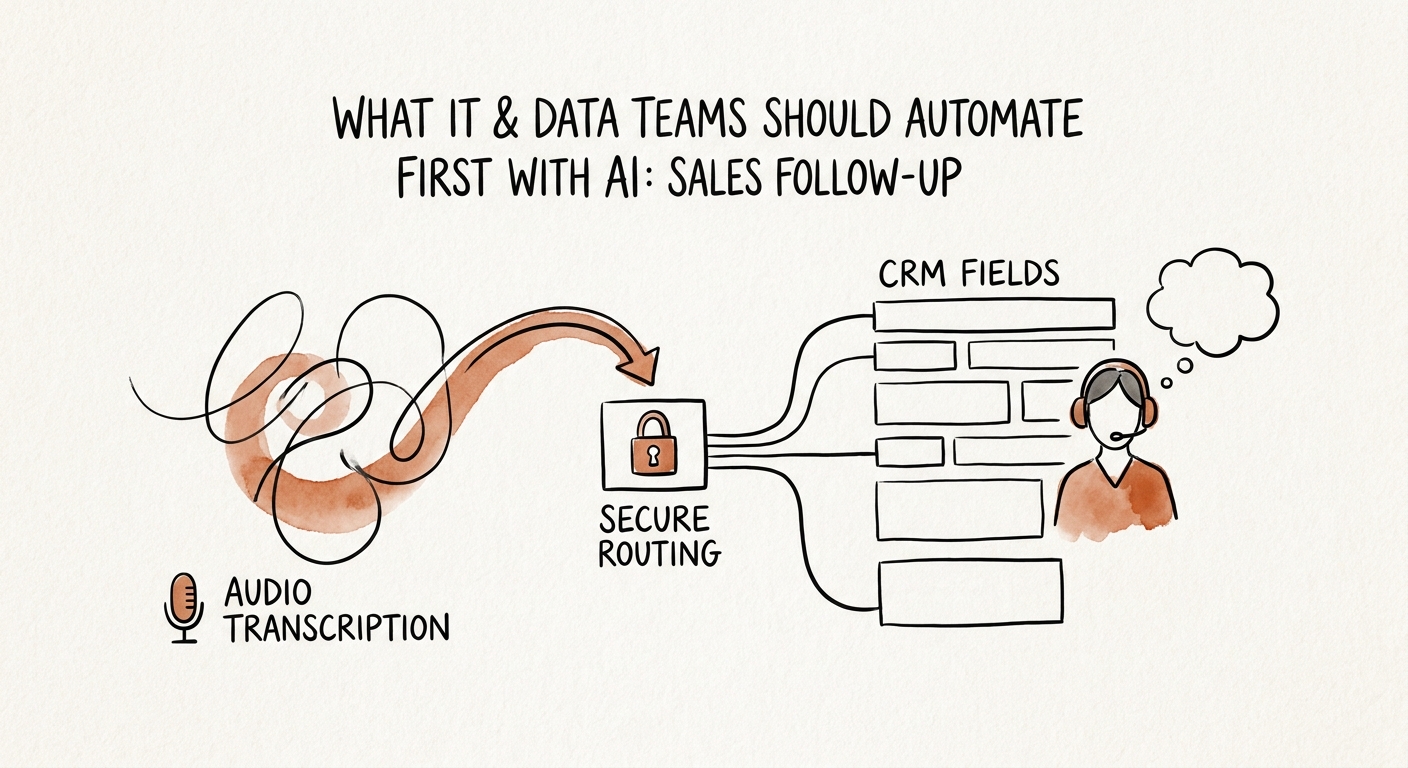 Sales follow-up data-product workflow showing CRM source hierarchy, freshness check, account owner, allowed claim, seller review, and outcome capture.