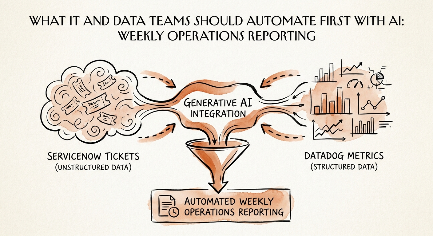 Weekly IT reporting workflow showing warehouse metric, source owner, dashboard delta, data-quality flag, reviewer correction, and leadership packet.