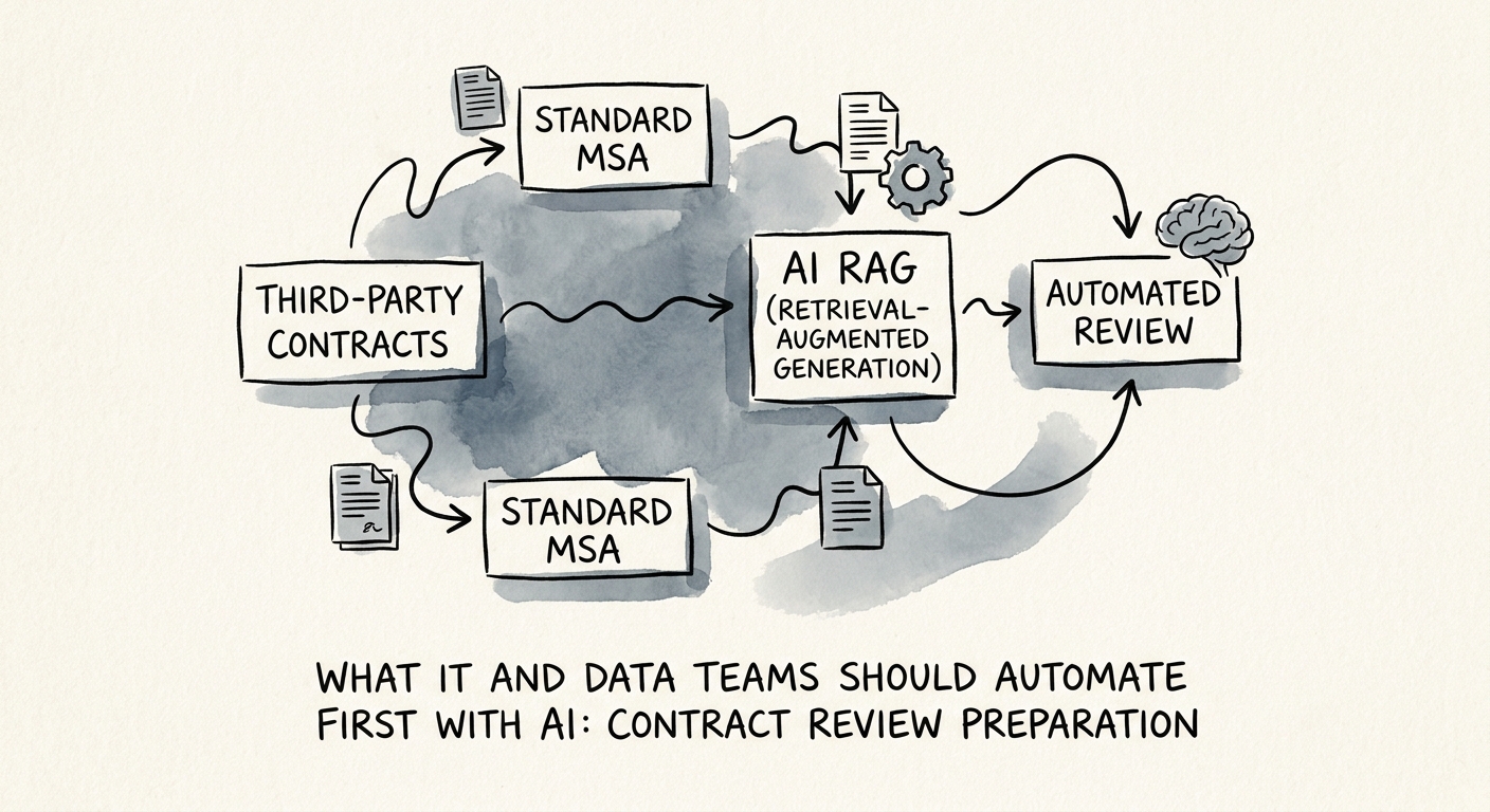 Contract review preparation map connecting document permissions, AI extraction, source evidence, and legal review.