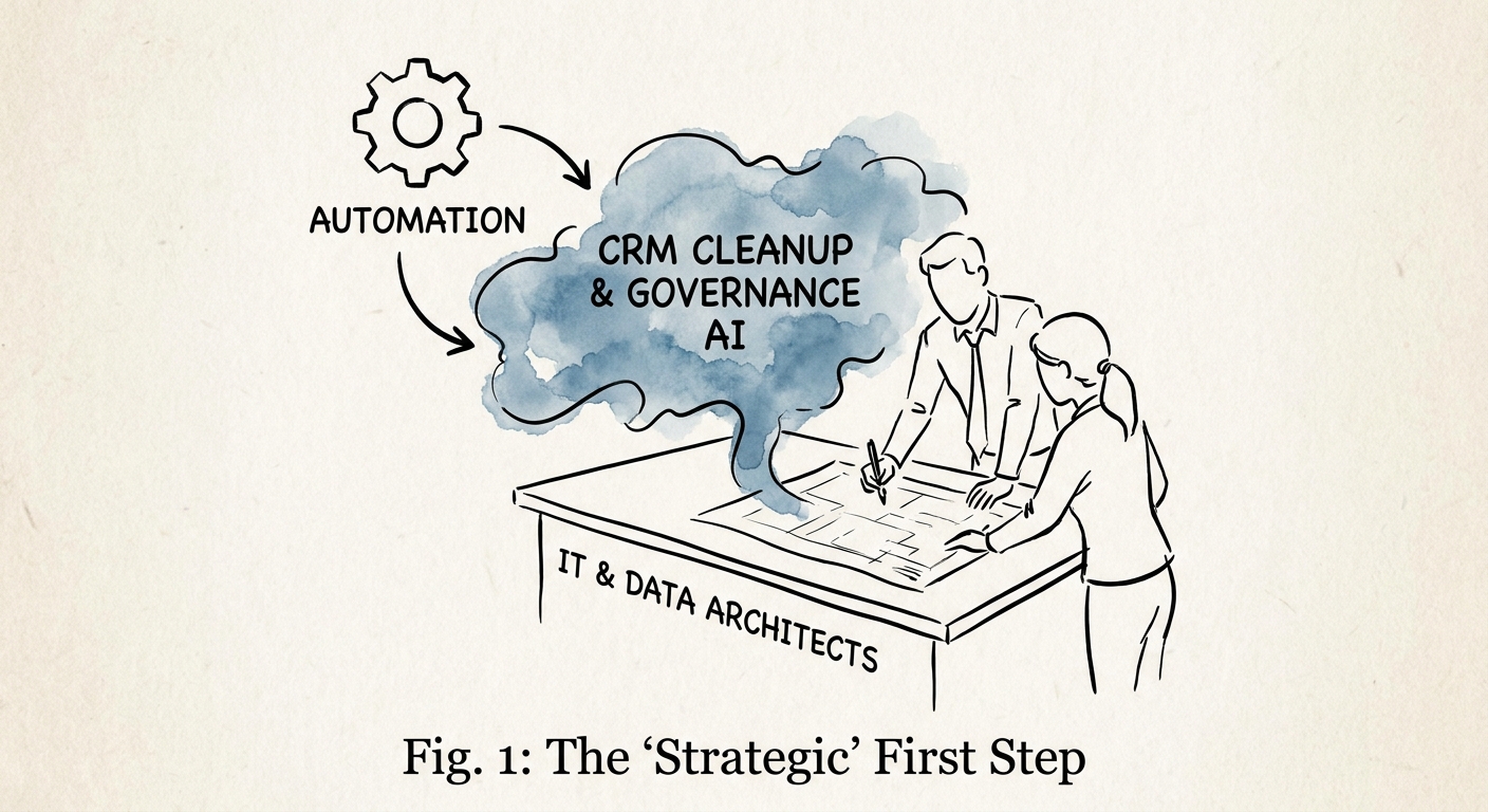 IT and data workflow showing AI CRM cleanup recommendations with lineage and approval controls.