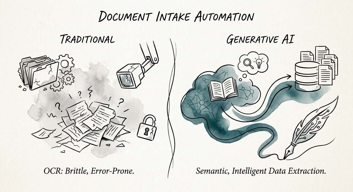 Workflow map showing inputs, review rules, and metrics for document intake.