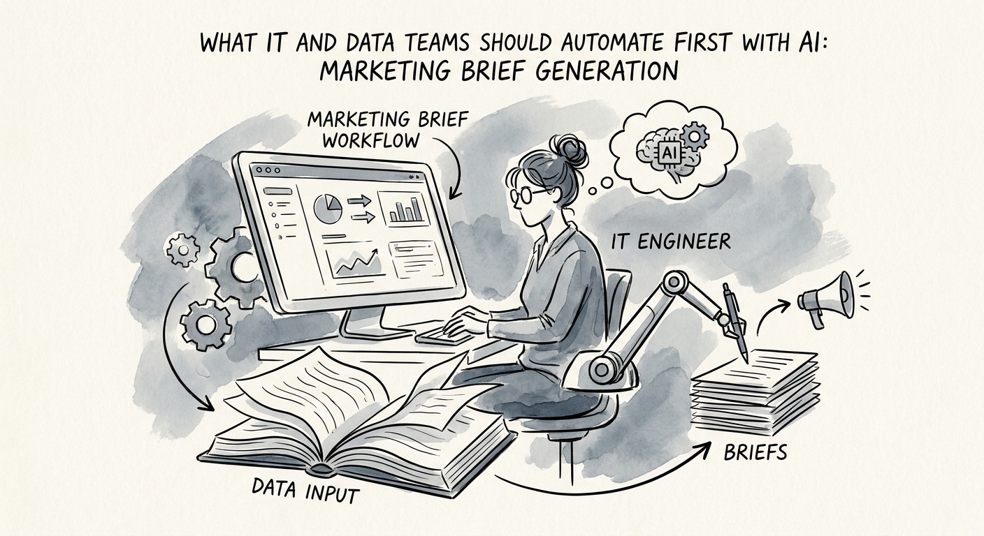 IT and marketing operations team reviewing approved audience fields, product facts, target-customer constraints, and AI-prepared marketing brief evidence.
