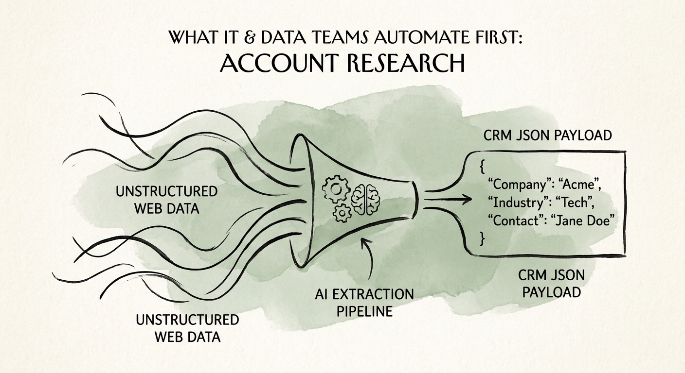 AI account research architecture showing public sources, CRM history, permissions, review, and sales action.