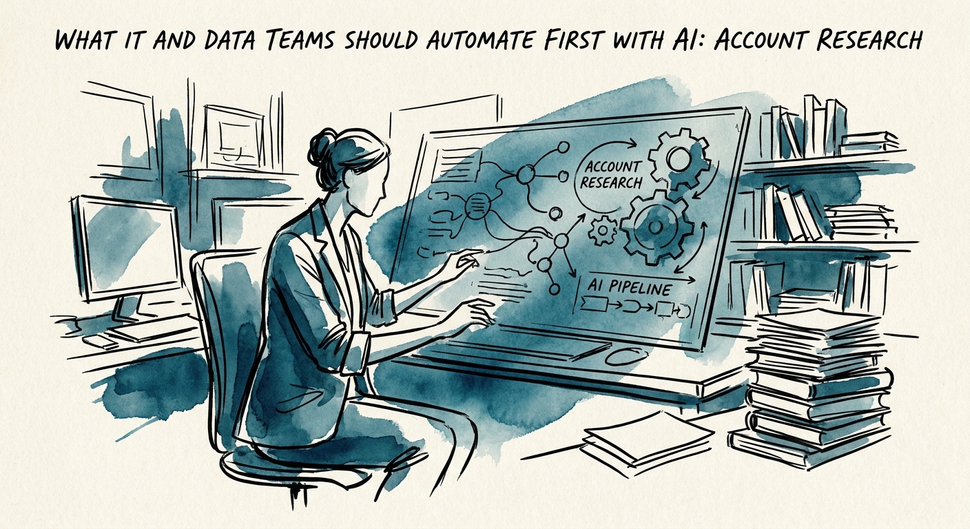 IT and data team reviewing governed AI account research connected to CRM and approved public sources.