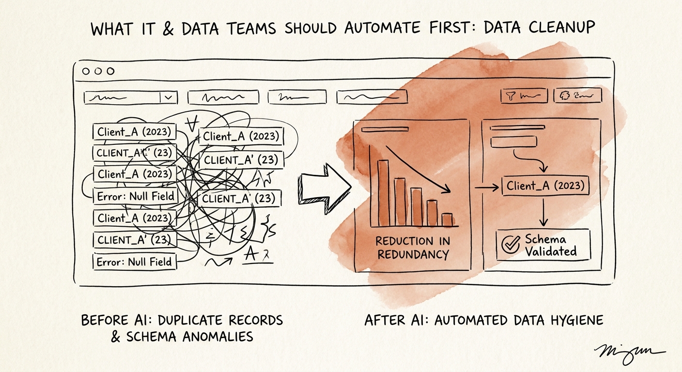 Data cleanup governance workflow showing master record definition, duplicate rule, exception sample, approval owner, and rollback path.