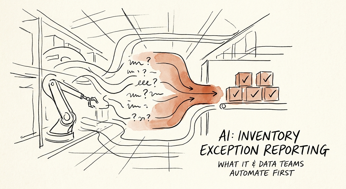IT and data team reviewing inventory exception reporting with AI summaries and source-system controls.