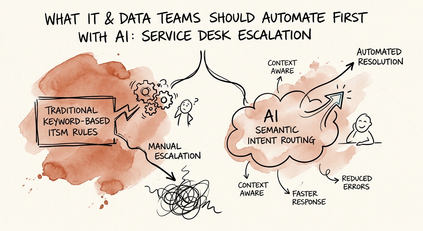 Diagram showing AI-assisted intent routing, confidence thresholds, and human escalation review.