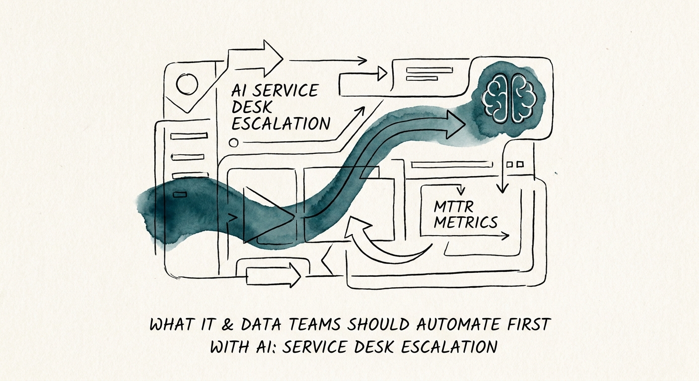 IT dashboard showing AI-assisted service desk escalation routing and review status.