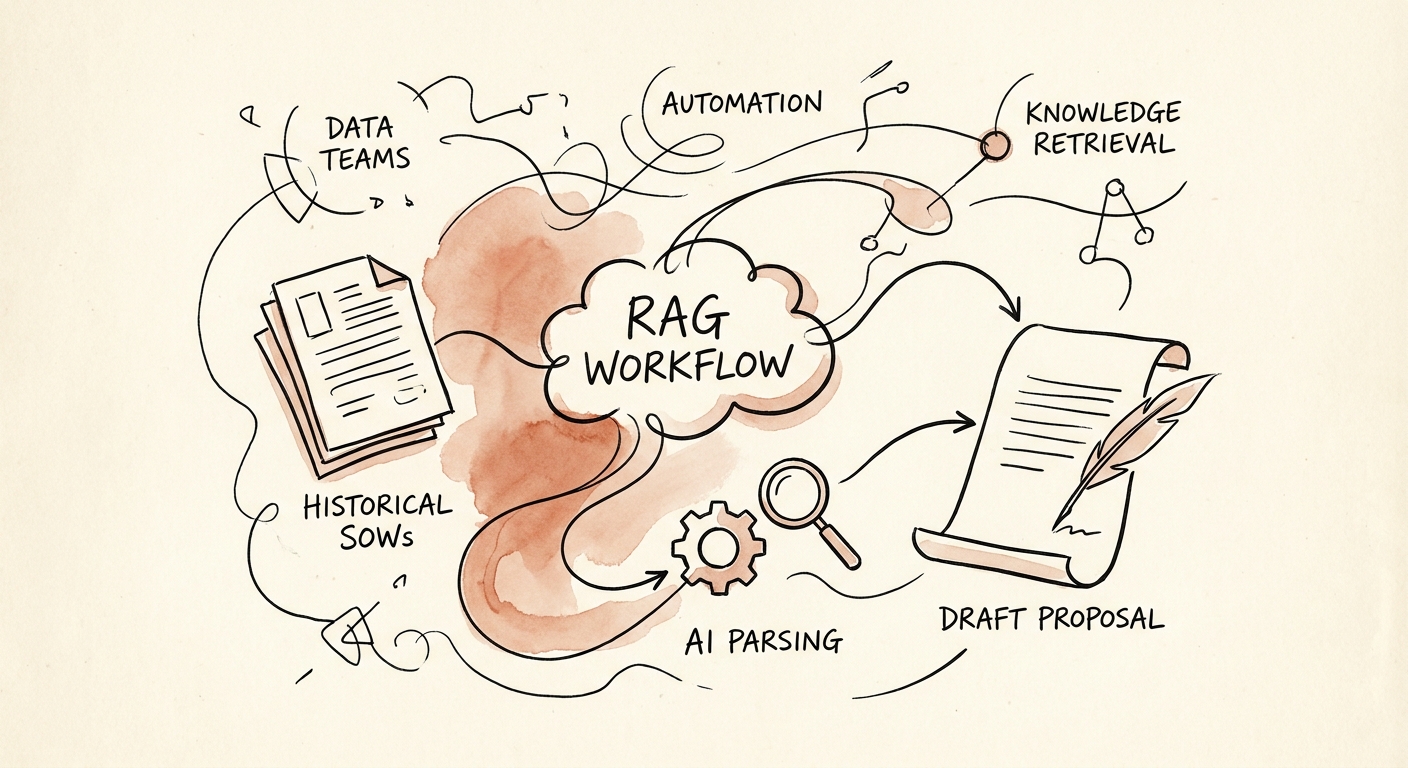 Technical proposal AI workflow showing approved source library, permissions, retrieval, draft, and reviewer feedback.