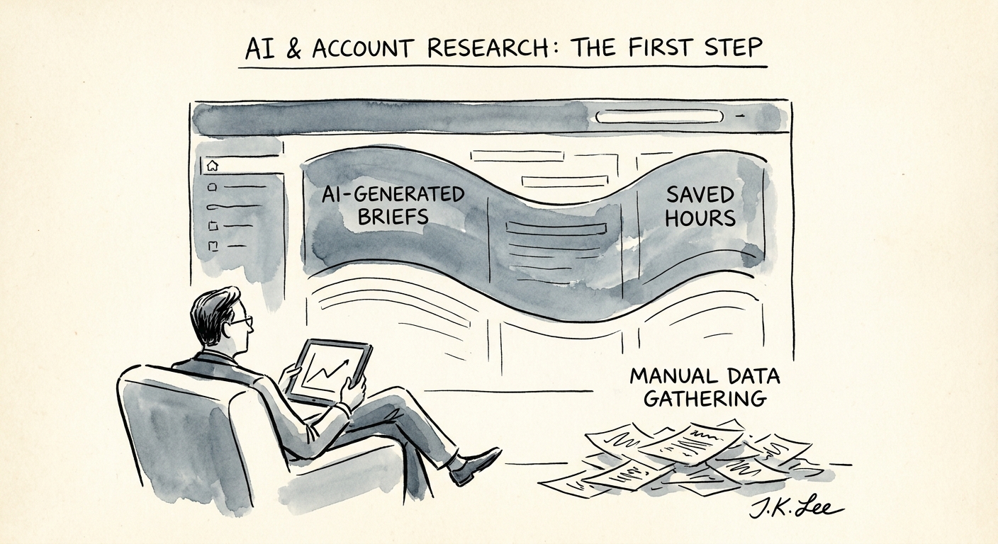 Knowledge management team reviewing an AI account research brief with cited sources.