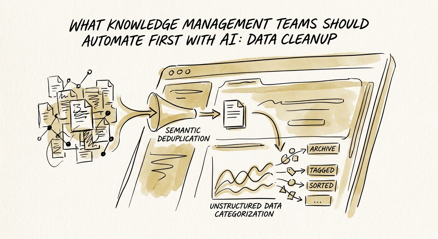 AI implementation checklist for data cleanup for knowledge management showing source quality, permissions, review, adoption, and ROI measurement.