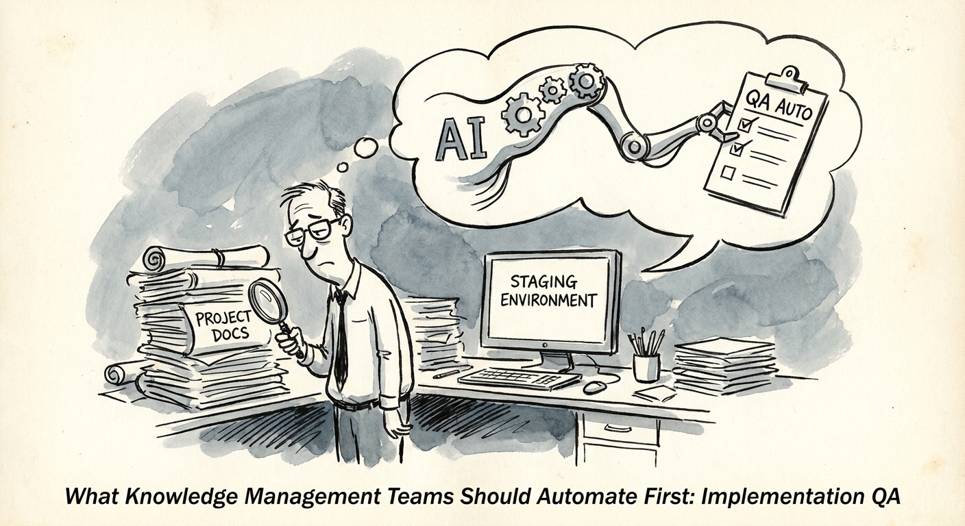 AI knowledge management system connecting implementation lessons learned to QA review gates.