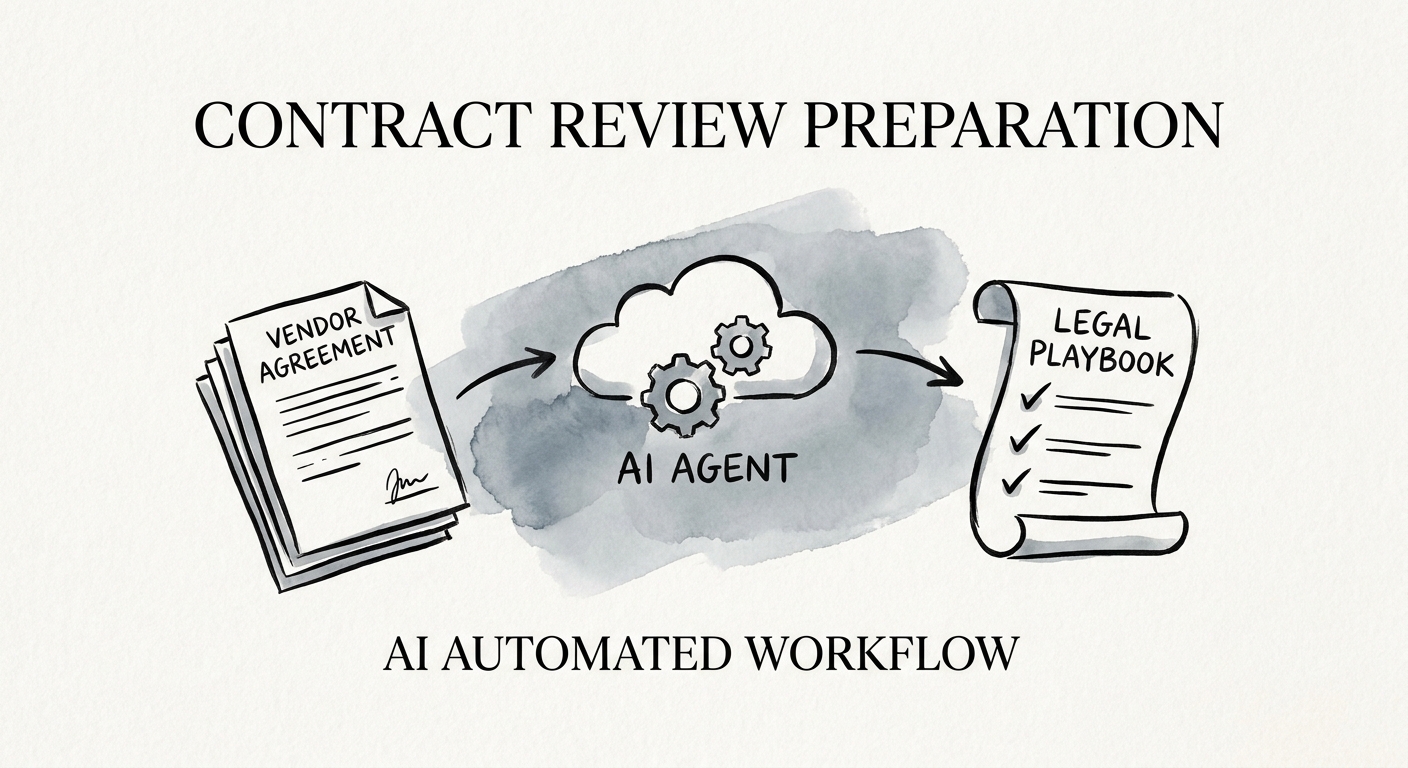 Contract review preparation workflow showing source collection, clause flags, reviewer routing, and decision log.