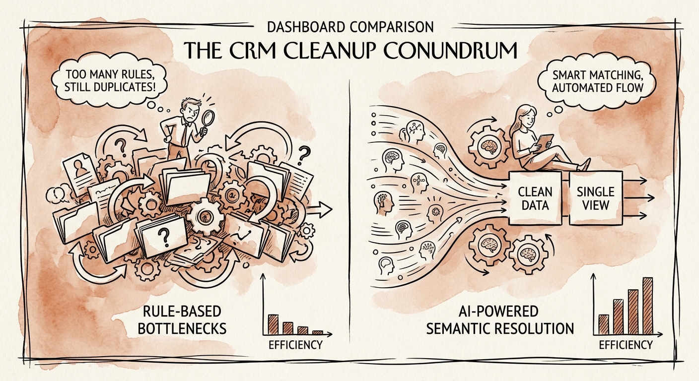 CRM cleanup workflow with AI suggestions, human review, and approved updates.