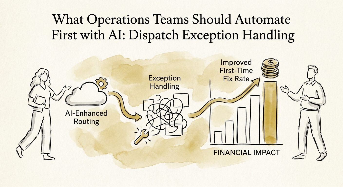 Dispatch exception workflow linking service history, location, SLA risk, and human review.
