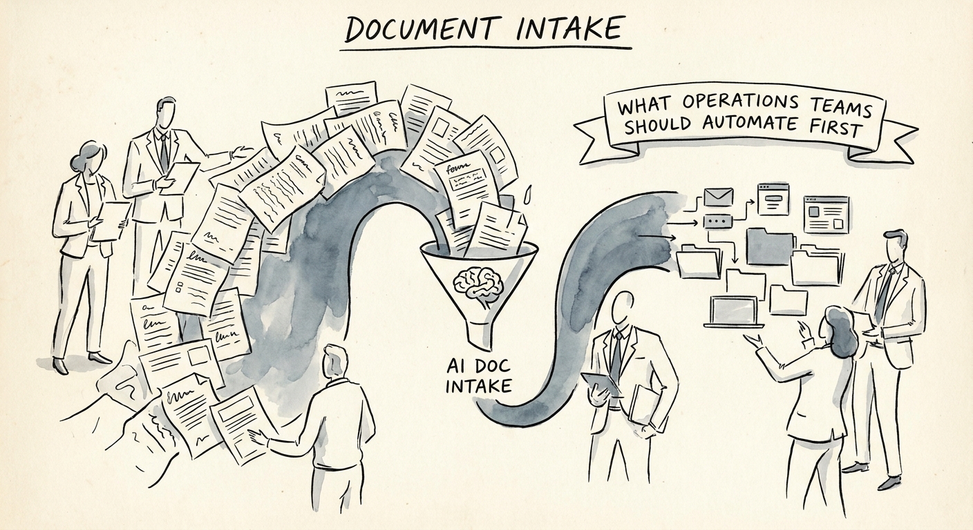 Operations team reviewing document type, missing fields, privacy category, routing owner, and exception queue for AI document intake.