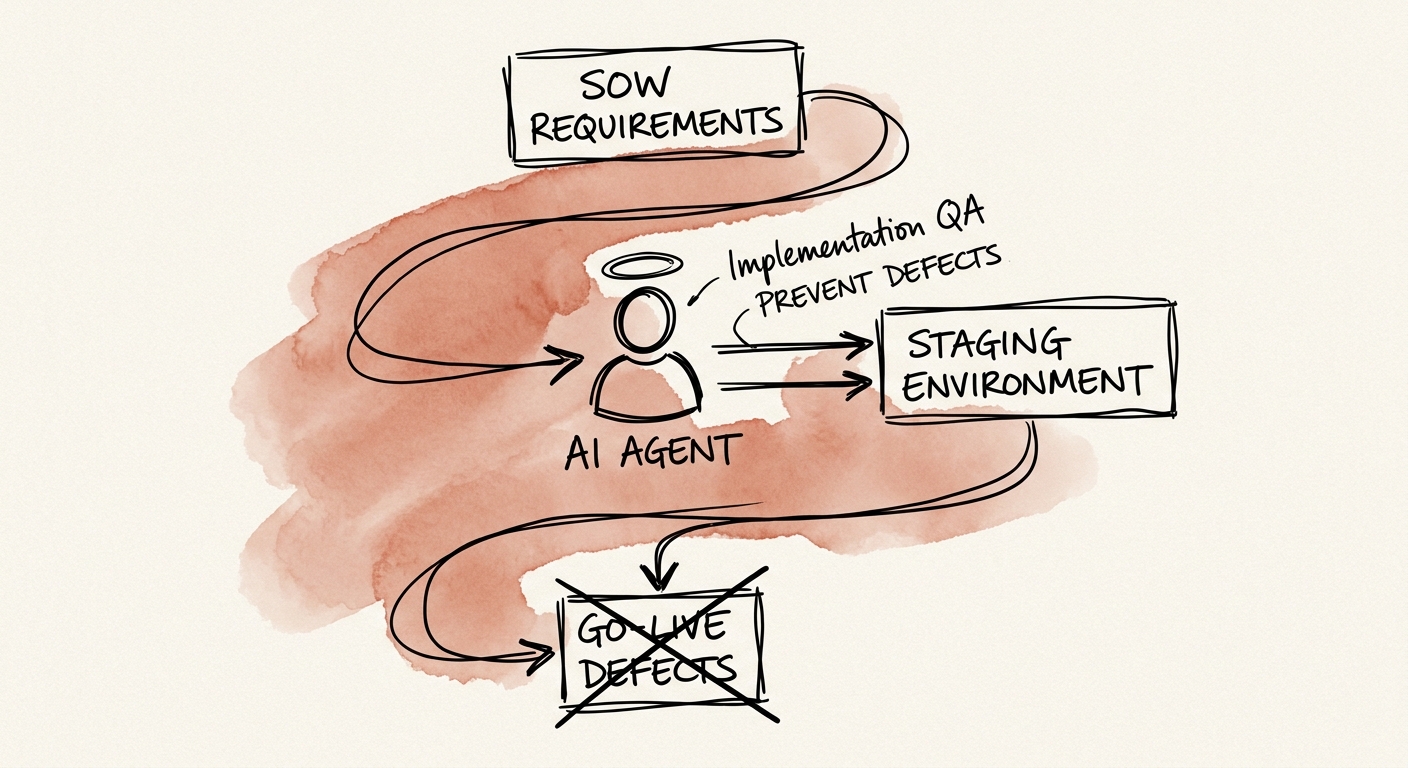 Operating model for implementation QA showing sources, reviewers, controls, and ROI measures.