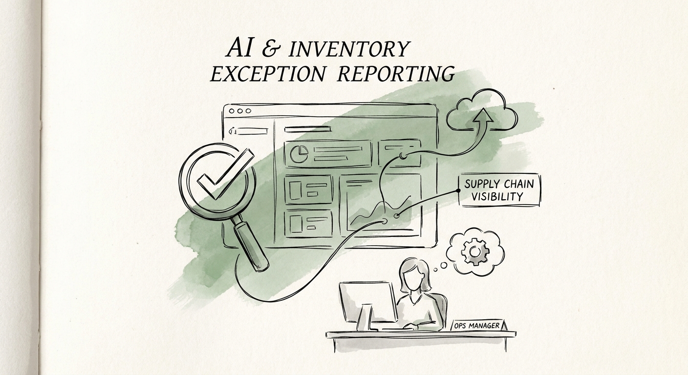 Workflow map showing inputs, review rules, and metrics for inventory exception reporting.