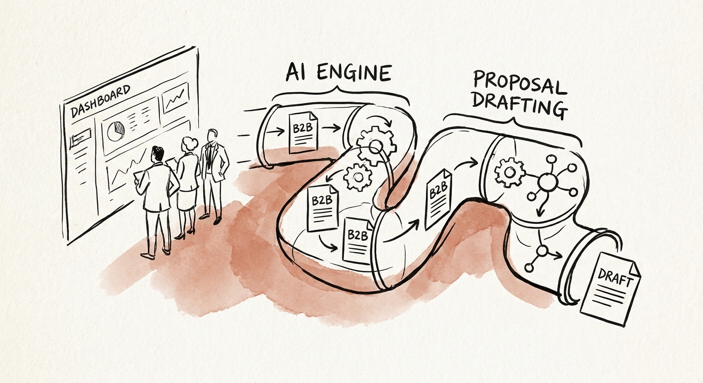 Operations team reviewing AI-assisted proposal drafting workflow with approved content and handoff checks.