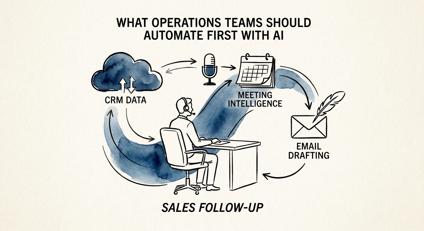 Sales follow-up workflow showing lead source, qualification context, draft message, human approval, and CRM outcome tracking.