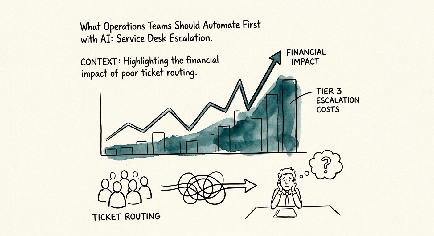 Operations manager reviewing service-desk severity, SLA exposure, and owner rules before accepting an AI escalation recommendation.