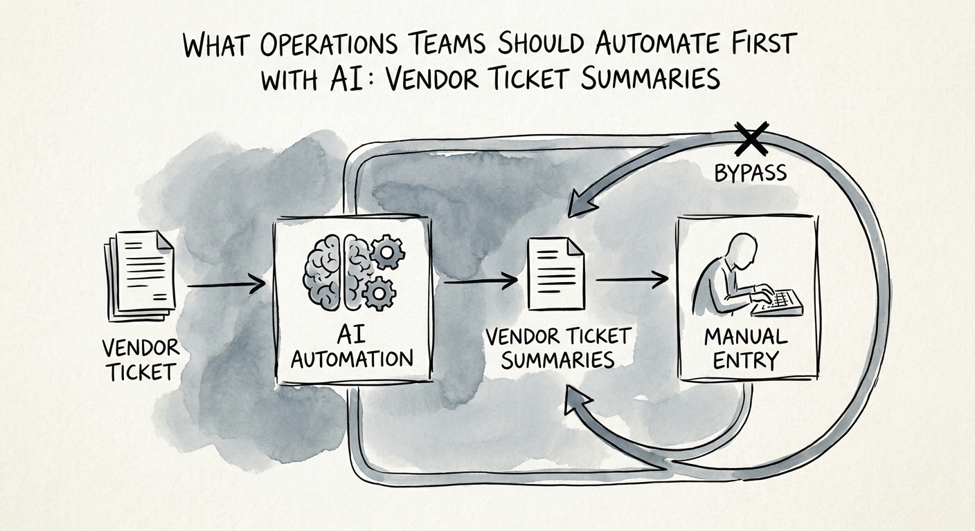 Vendor management workflow showing ticket cluster, contract exposure, customer-impact flag, owner follow-up, and operating-meeting decision.