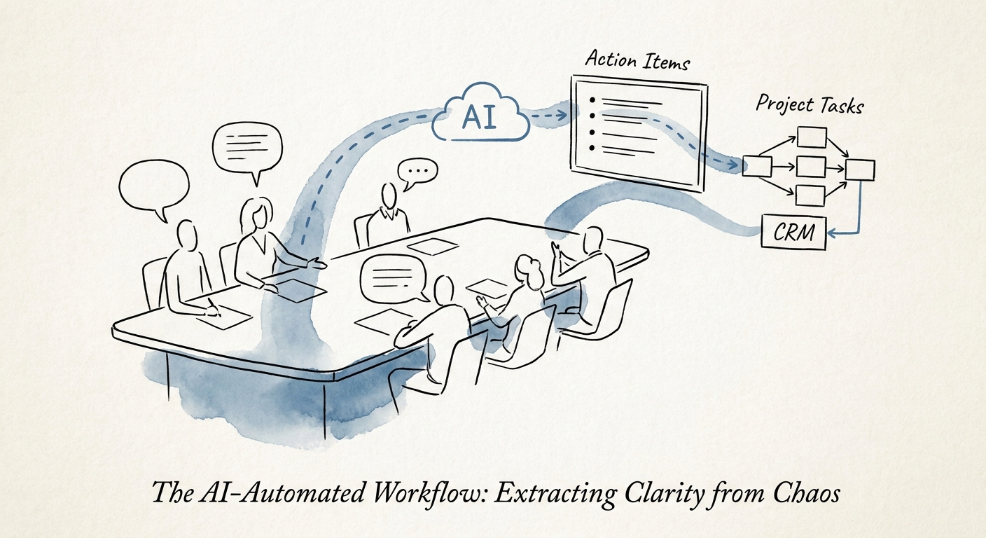 Meeting follow-up workflow showing transcript source, commitment owner, due date, operating record update, reviewer approval, and escalation flag.