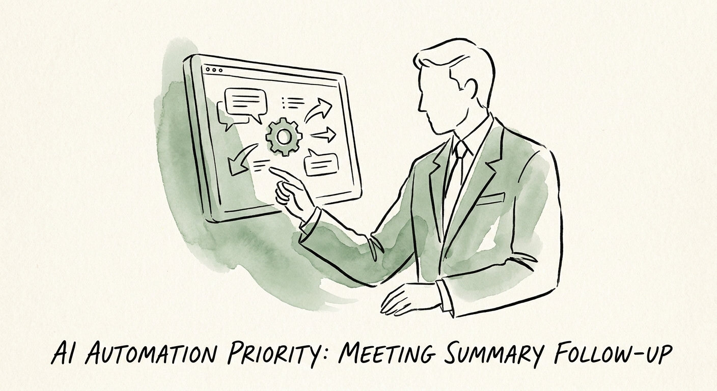 Operations manager reviewing meeting transcript, owner assignments, due dates, CRM context, and exception flags before AI follow-up is approved.
