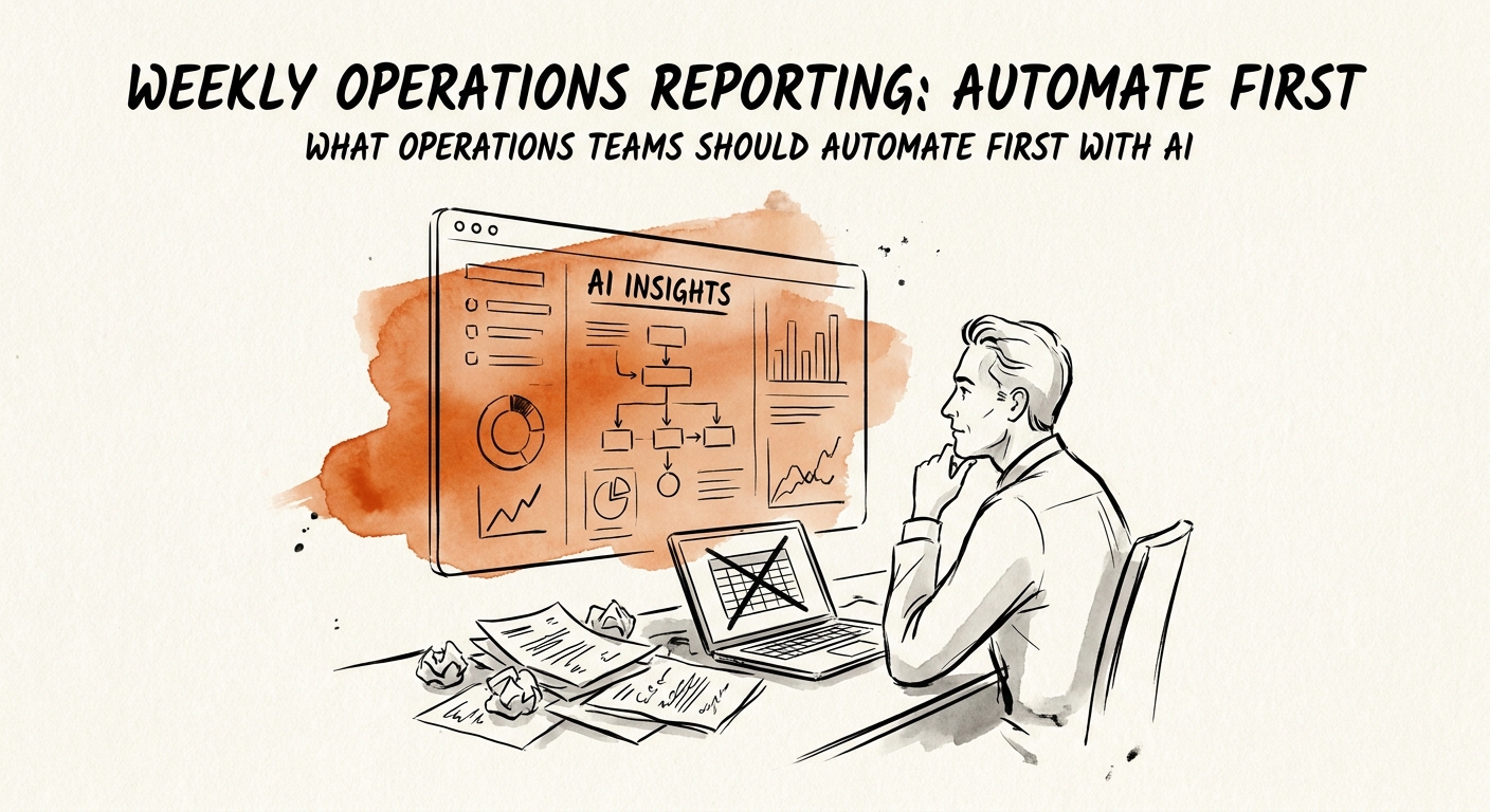 Operations leadership team reviewing KPI deltas, blocker notes, owner updates, and customer-impact flags before approving an AI weekly operations report.