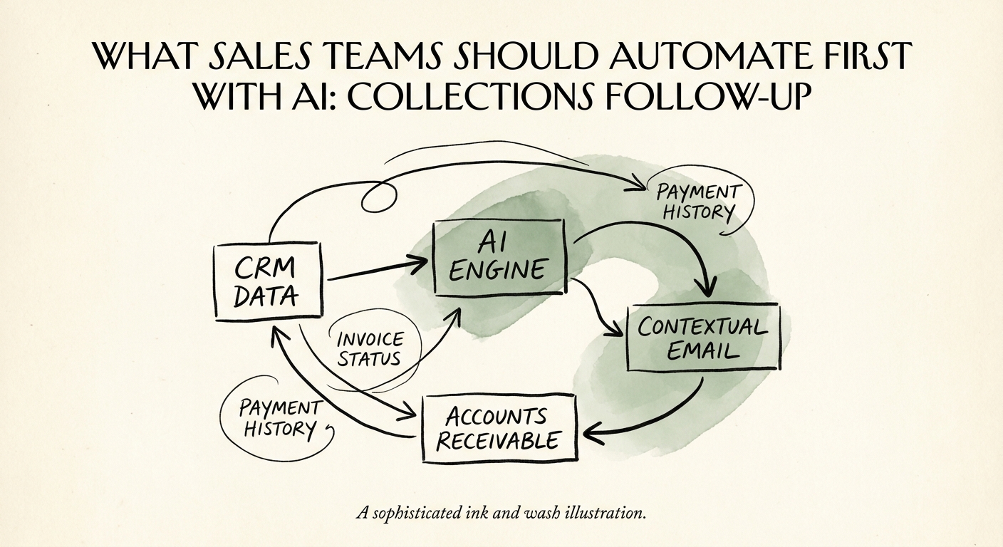 Workflow diagram showing account research, invoice context, dispute check, and relationship-owner review before AI-assisted collections follow-up.