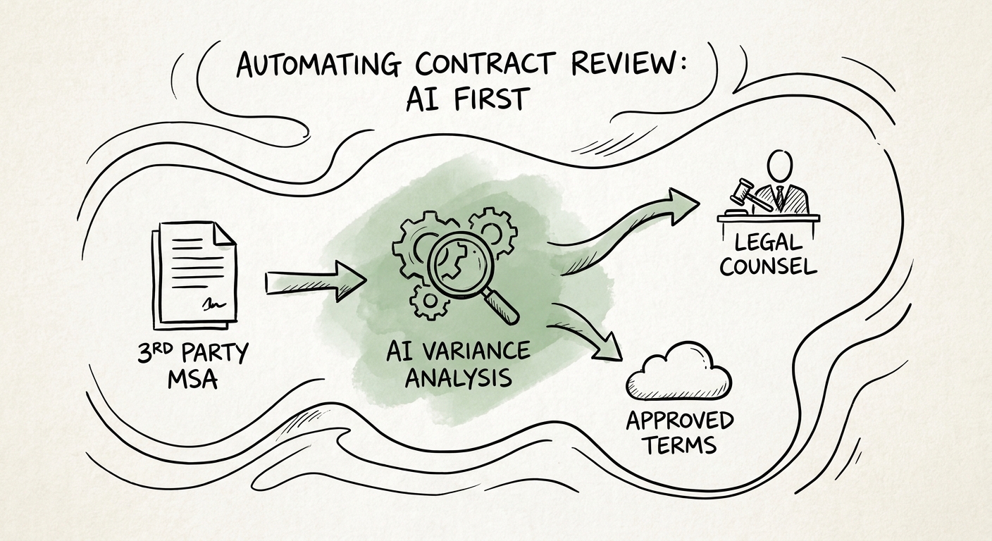 AI implementation checklist for contract review preparation showing source quality, permissions, review, adoption, and ROI measurement.