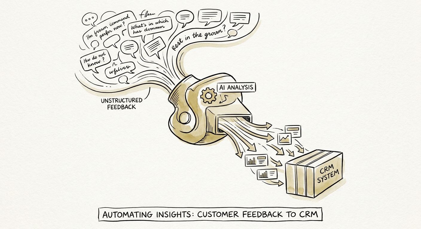 Customer feedback analysis workflow showing source conversation, account owner, theme tag, sentiment check, reviewer approval, and sales action.