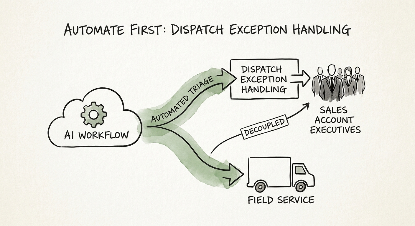 Sales dispatch-exception workflow showing delivery constraint, impacted account, account-owner alert, approved message boundary, and escalation timestamp.