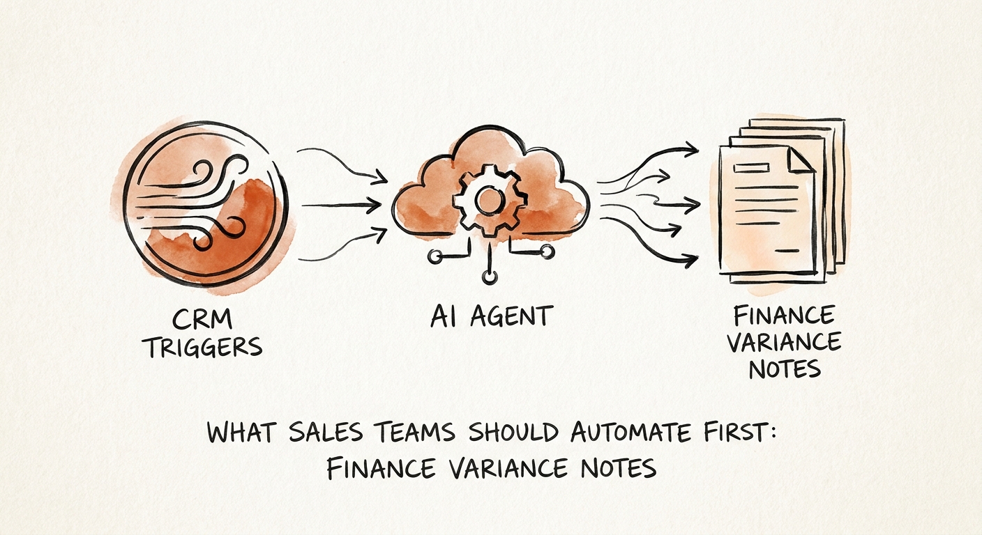 Sales finance variance workflow showing pipeline delta, CRM evidence, account owner explanation, finance review, and forecast-meeting update.