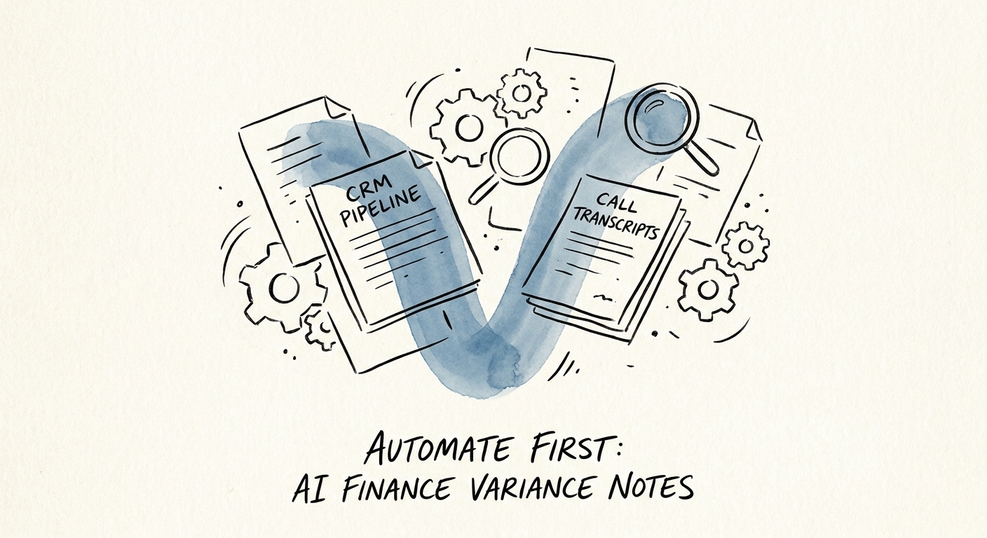 Sales manager and finance partner reviewing CRM stage changes, call notes, forecast fields, and account-risk evidence before AI variance notes are accepted.