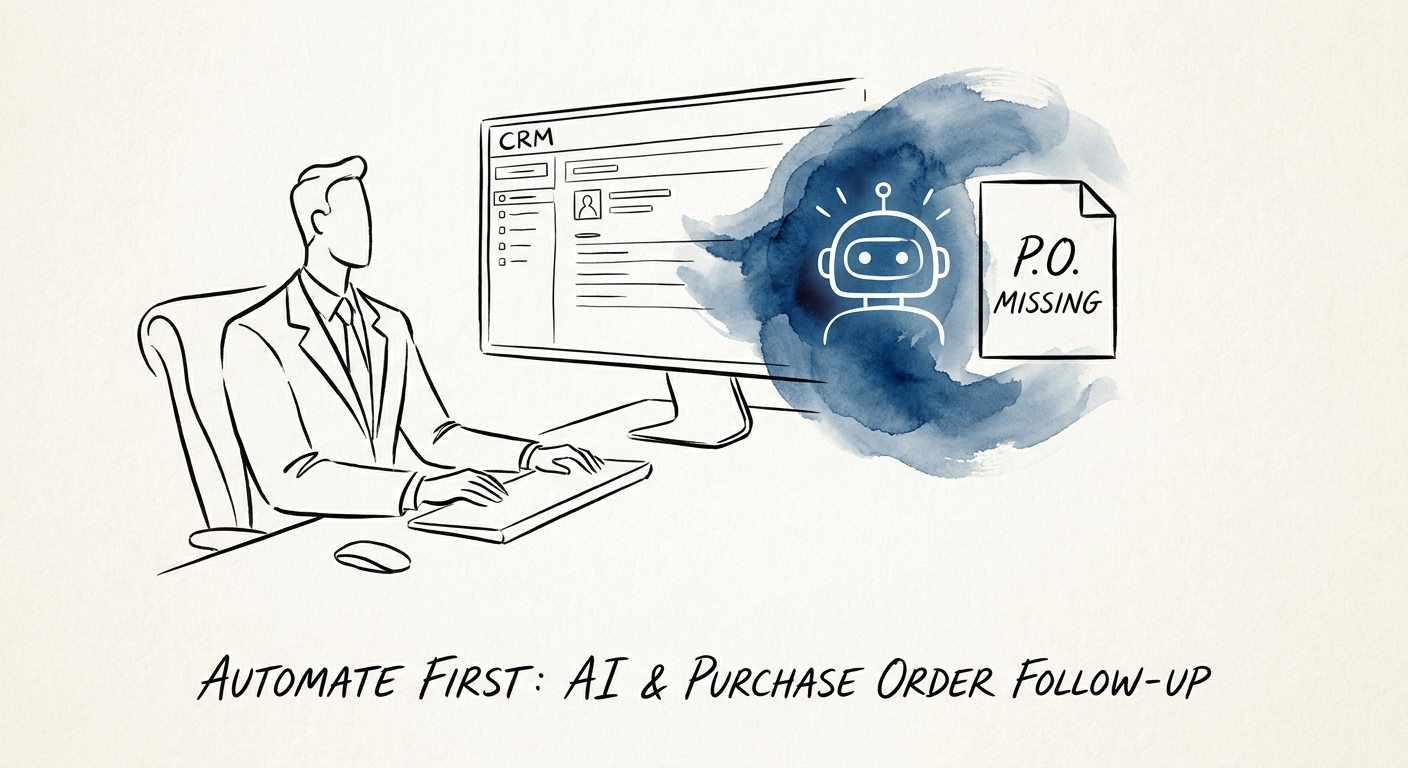 Purchase order follow-up workflow showing closed-won record, procurement status, missing PO field, deal desk exception, and reviewed customer update.