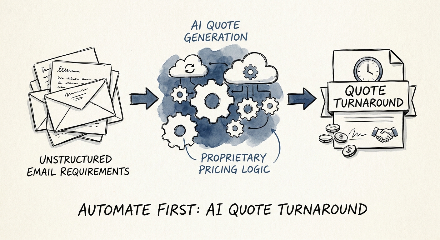 Operating model for quote turnaround showing sources, reviewers, controls, and ROI measures.
