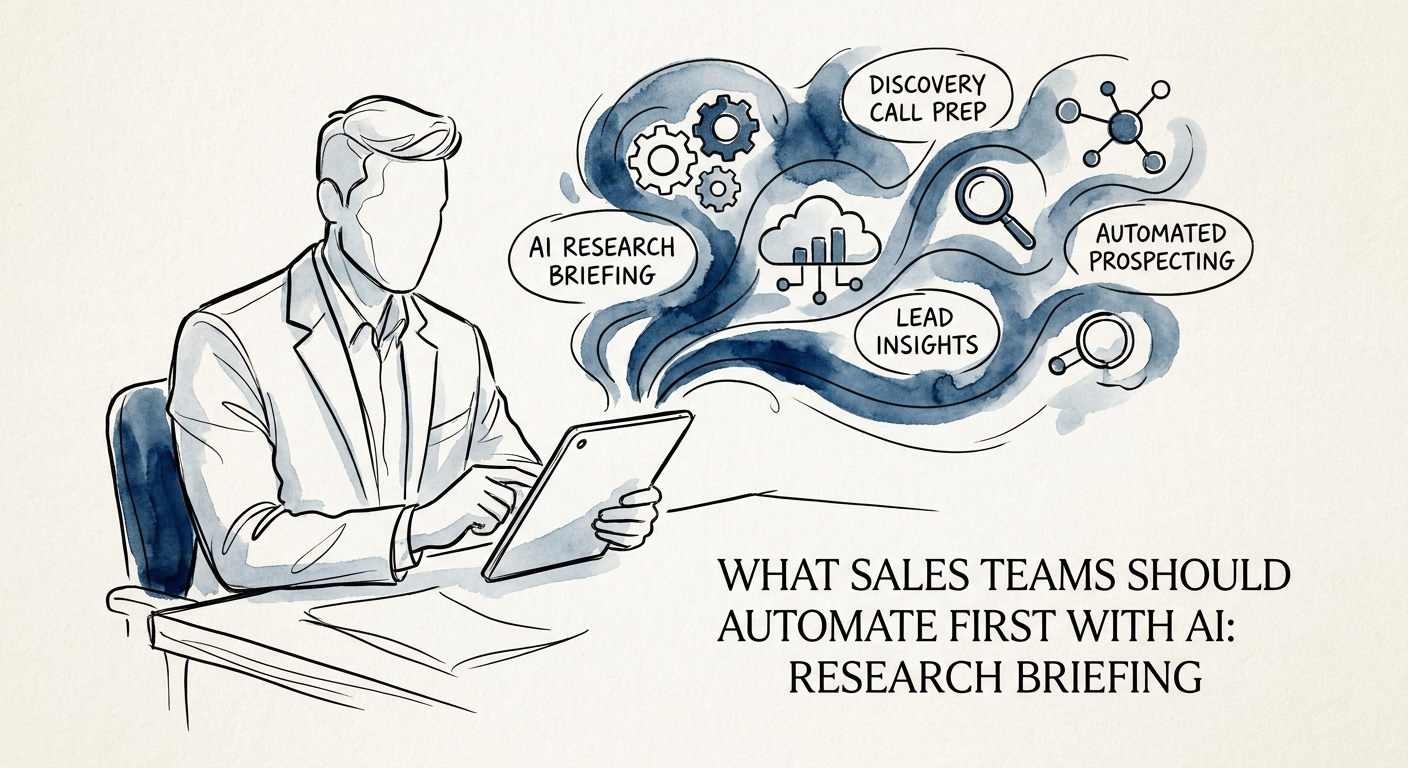 Sales manager reviewing public account facts, CRM notes, product-fit evidence, opportunity context, and source labels in an AI research briefing.