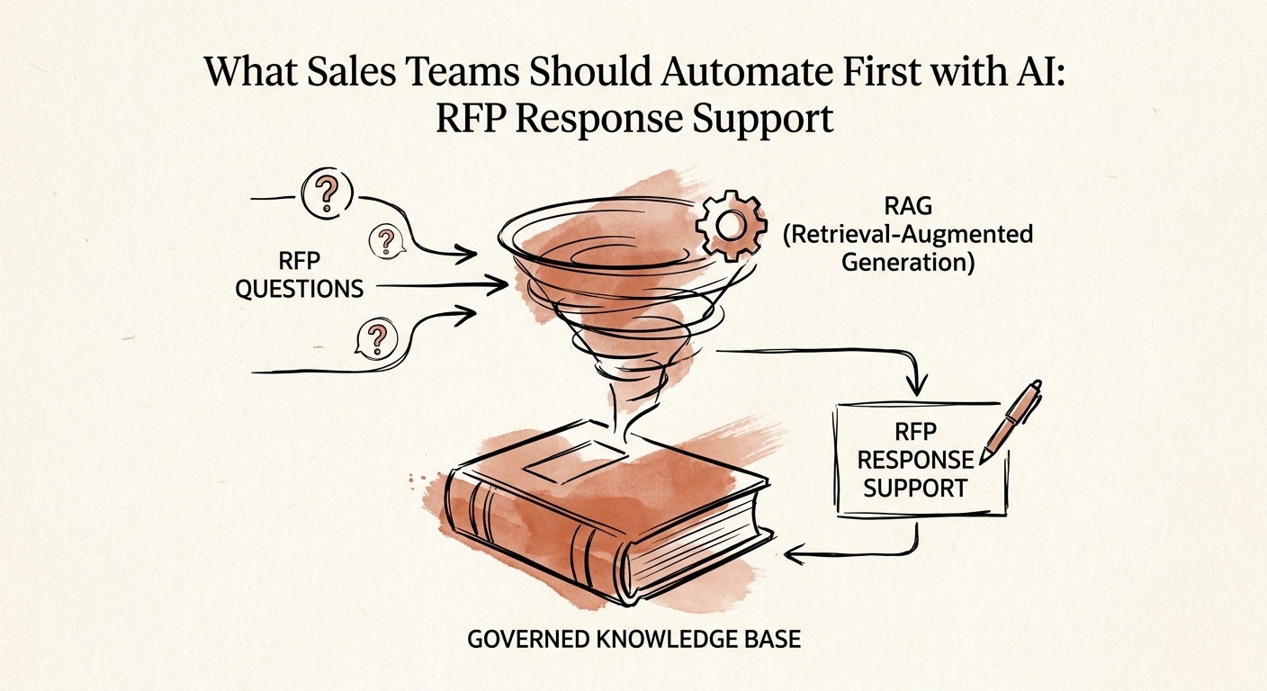 Sales RFP workflow showing buyer requirement, deal qualification, pricing exception, sales-engineering review, and approved response section.