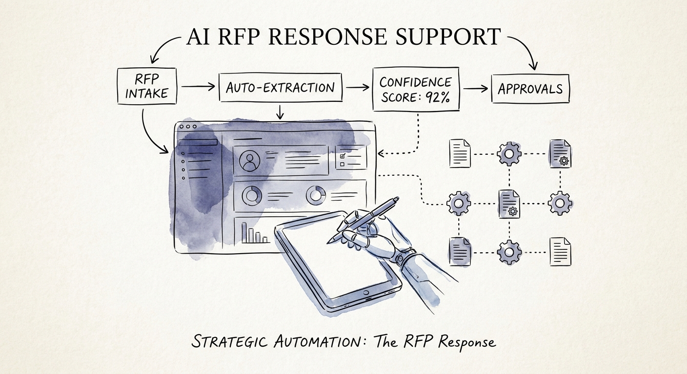 Sales pursuit team reviewing RFP requirements, qualification status, pricing exceptions, sales-engineering inputs, and AI-assisted response sections.