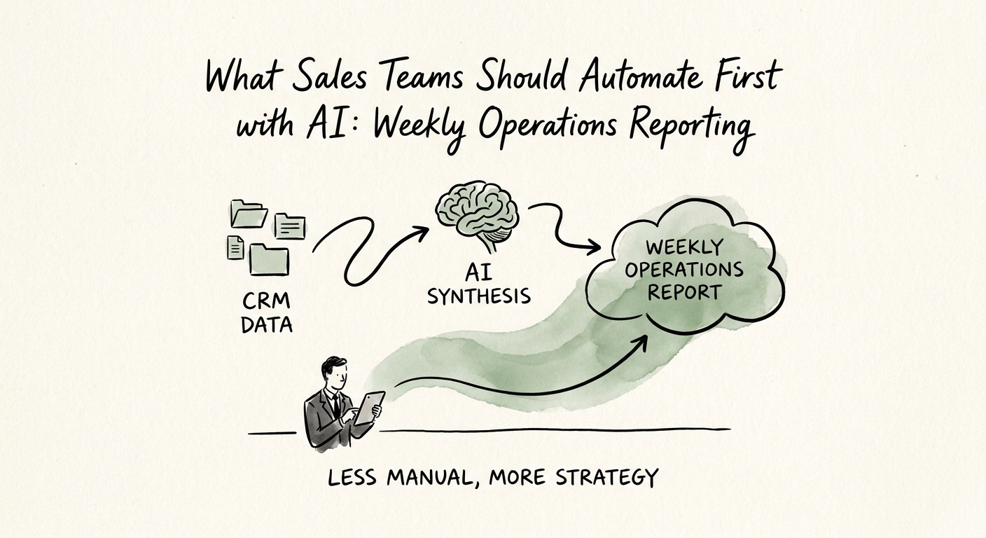 Weekly sales reporting workflow showing CRM delta, account risk, forecast explanation, manager correction, and leadership review packet.