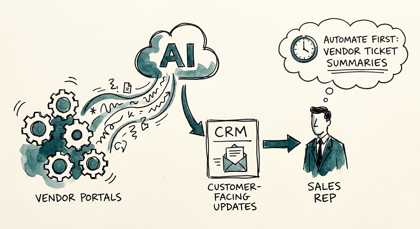 Workflow map showing inputs, review rules, and metrics for vendor ticket summarization.