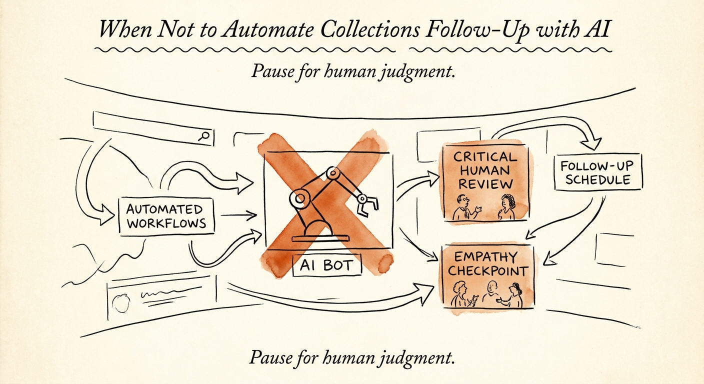 Collections automation workflow separating routine reminders, exception routing, and executive review.