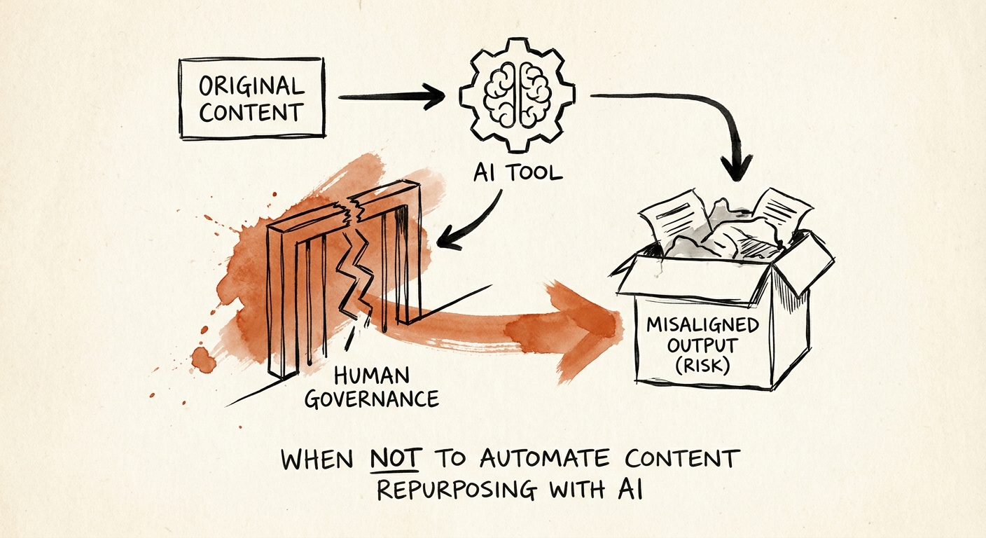 Operating model for content repurposing showing sources, reviewers, controls, and ROI measures.