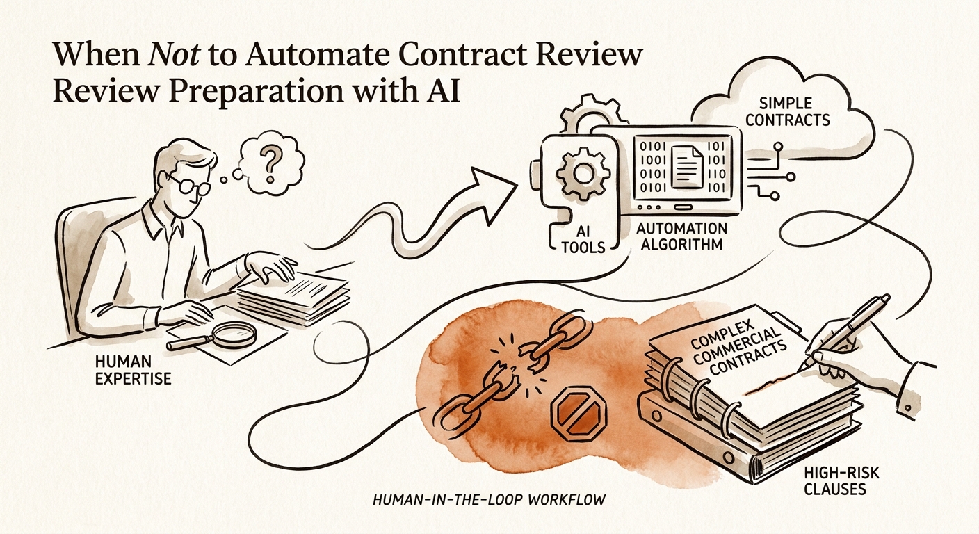 Contract review workflow showing clause library, risk flags, AI summary, and legal approval gate.