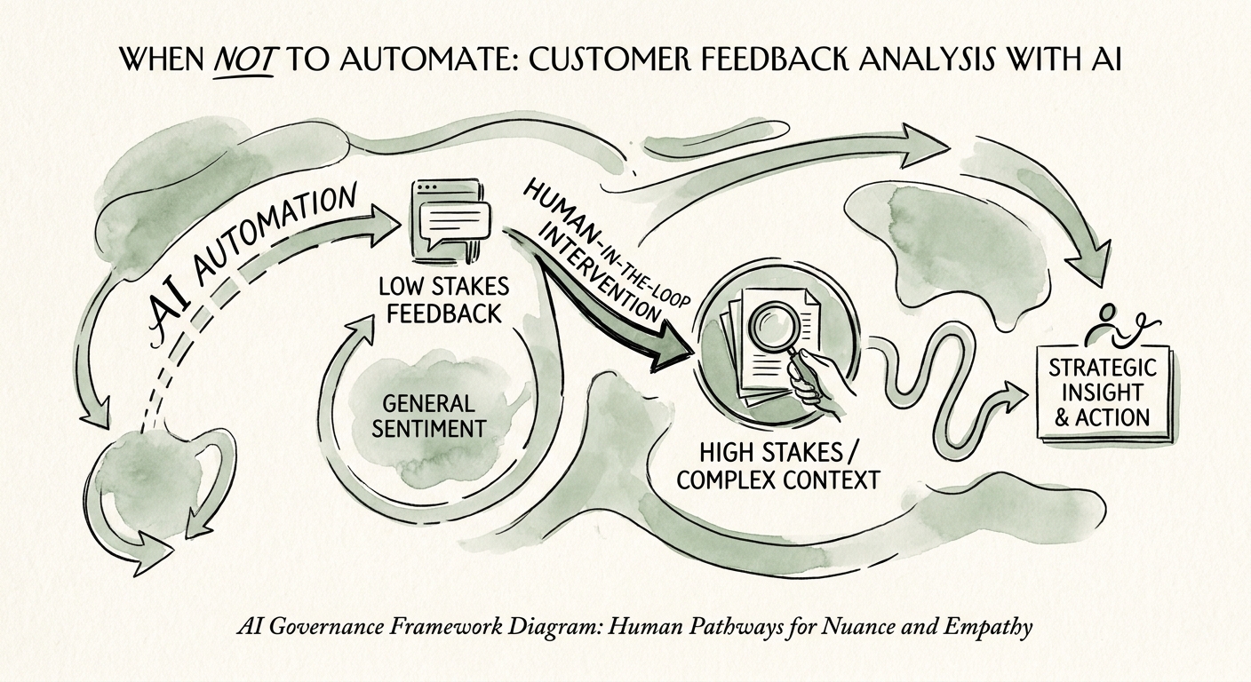 Customer feedback governance workflow separating automation from human review.