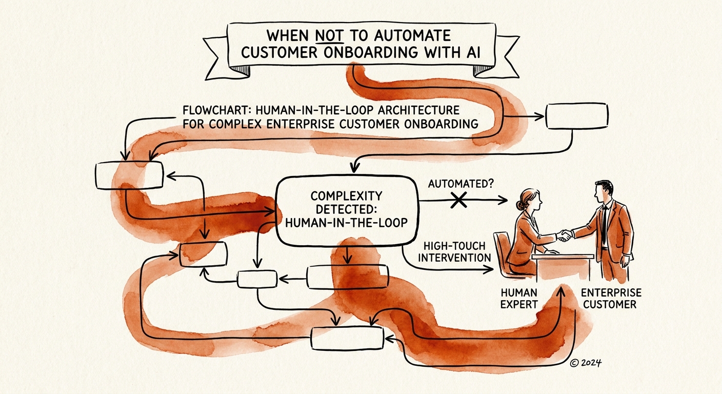 Human-in-the-loop onboarding model showing AI preparation, human approval, trust gates, and customer value realization.