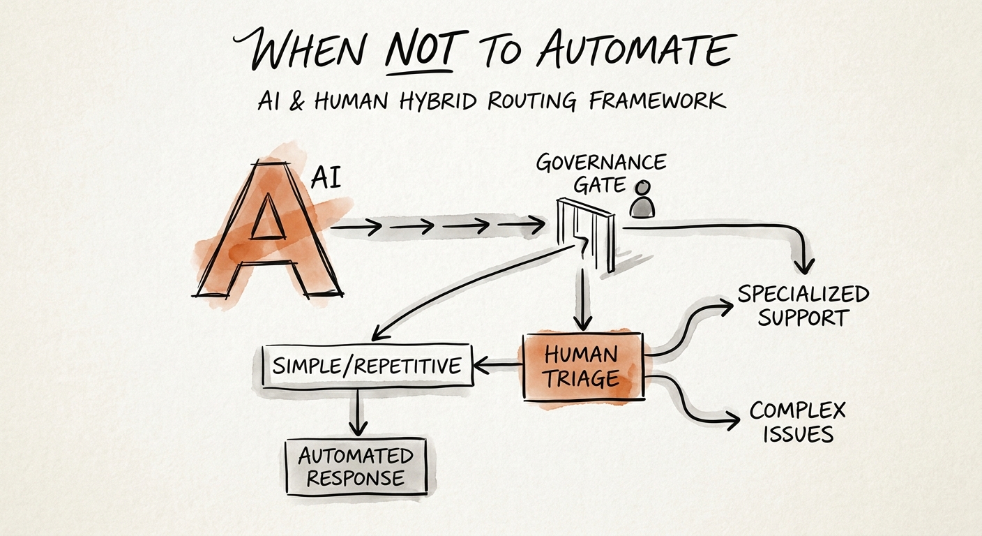 Support leader reviewing AI ticket triage boundaries for security, billing, and complex technical escalations.