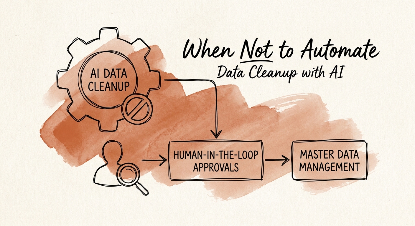 Data cleanup governance gate showing source owner, correct-record definition, conflict rule, reviewed sample, rollback path, and stop condition.