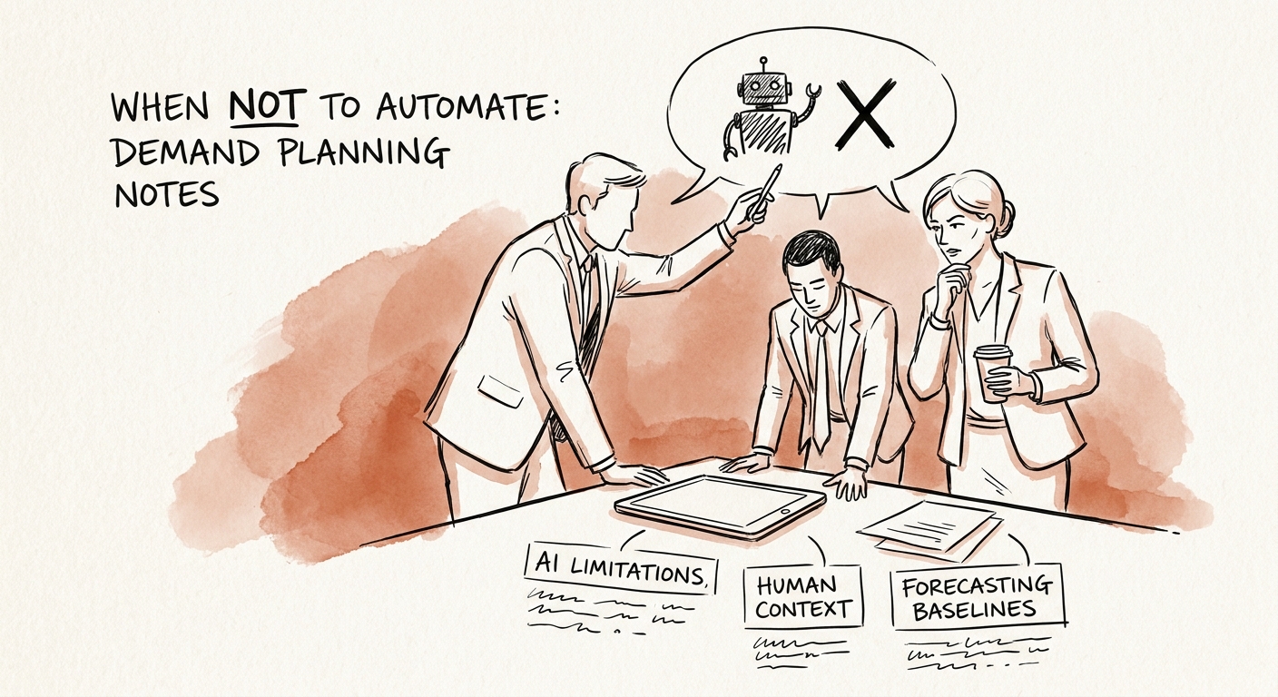 Demand planning workflow showing source data, planner assumptions, AI draft notes, and review gates.